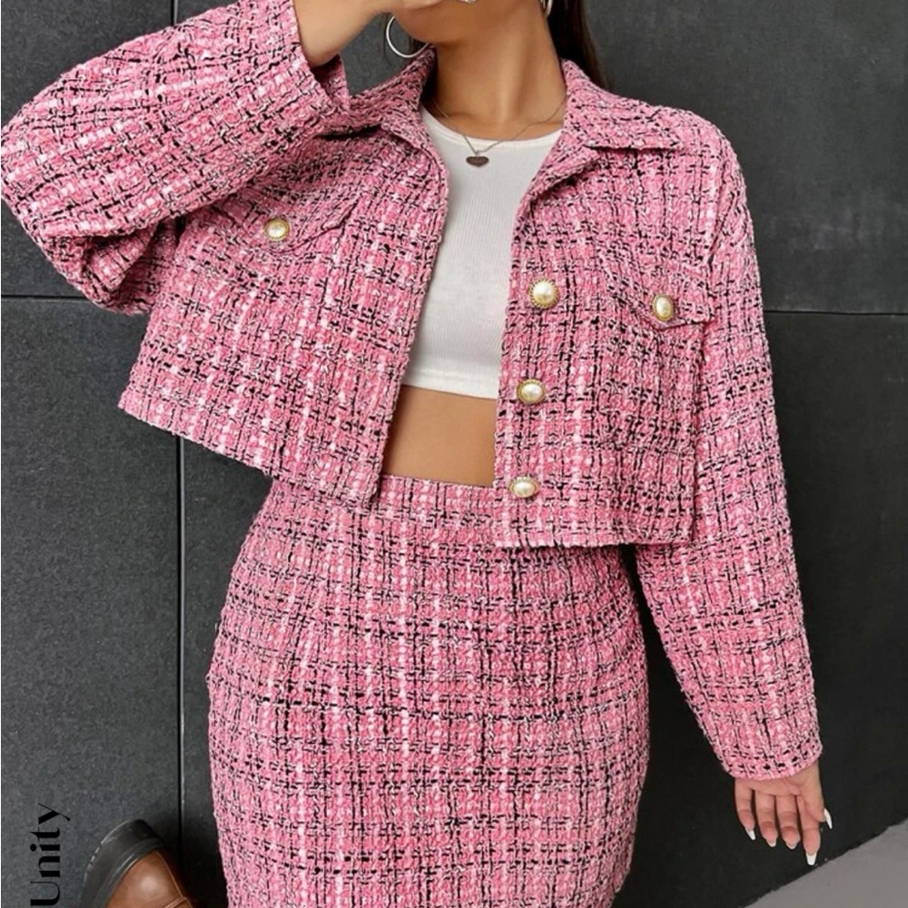 Shein Pink Unity Plus Plaid Tweed Jacket and Skirt in 3XL